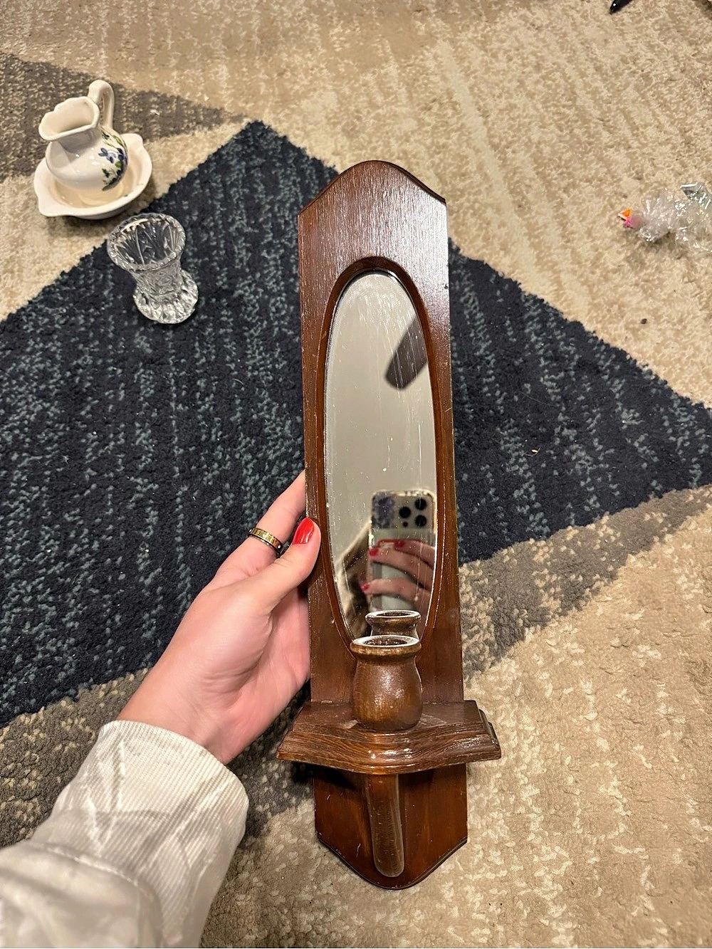 Brown Wood Wall Mirror with candle Holder